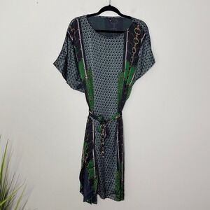 Japanese Brand Silk‎ Blend Chain Print Dress Belted Green Black Short Sleeve XL